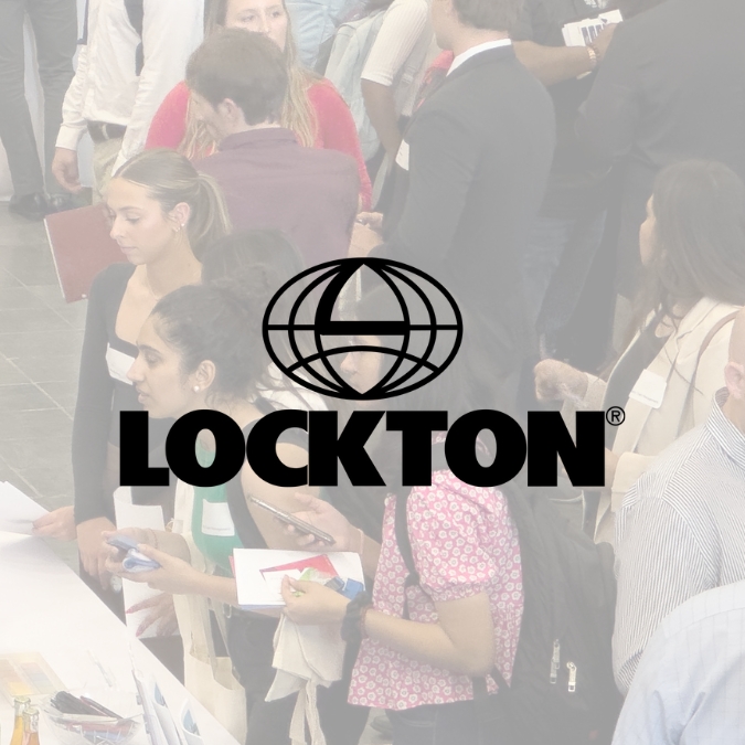 Lockton Success Story Lockton graphic showing their logo. In the backround is a faded photo of students.