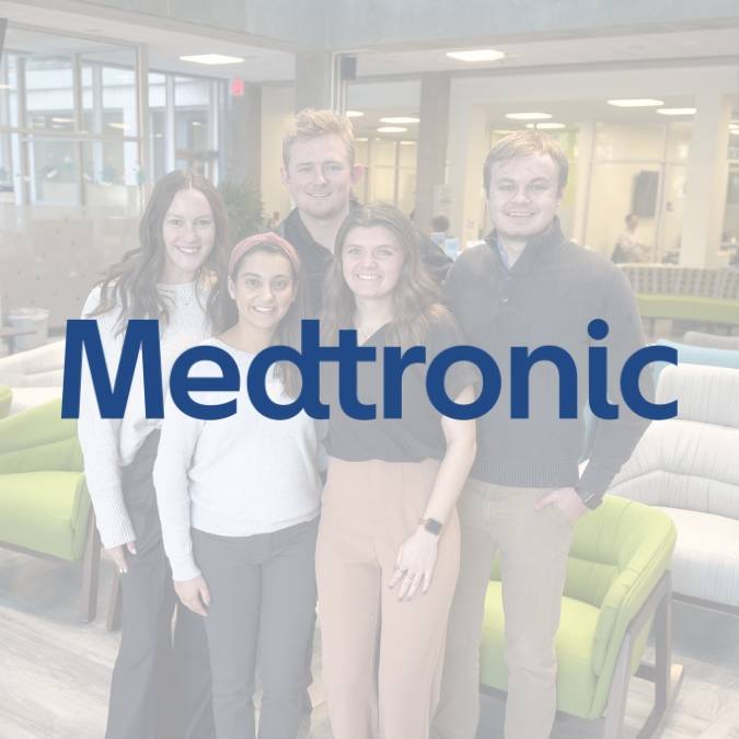 Medtronic Success Story Medtronic graphic showing their logo. In the backround is a faded photo of the intern team.