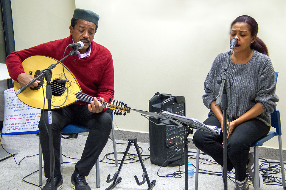 Musicians Wafir Gibril and Sara Habasha performed African and Middle Eastern music as part of Arrupe Novemberfest. 