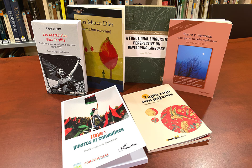 Faculty publications are on display in SIH Student Lounge. Photo by Isaiah Voss.