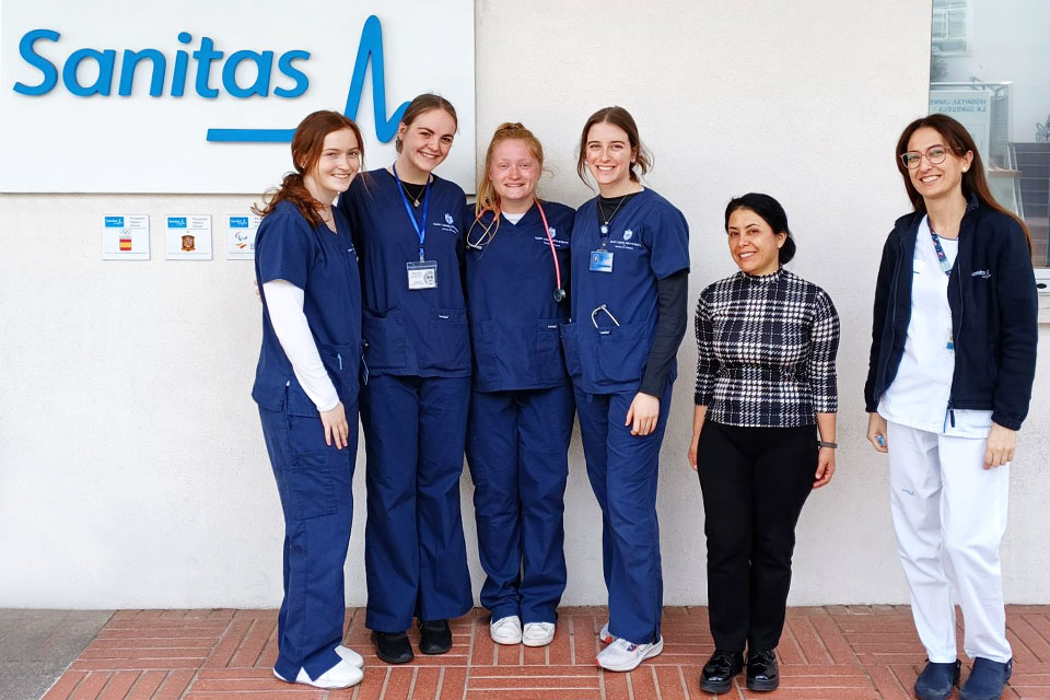 Emily Reames and Kendall Gawthrop, SLU-Madrid study abroad students, applied the skills they learned in their nursing labs to a hospital in Spain, Sanitas' La Zarzuela.