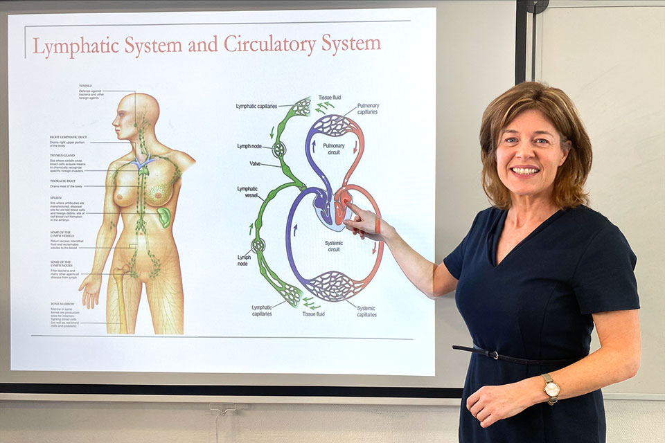 Dr. Anya Hillery points to a wall projection illustration of the human lympatic and circulatory system.