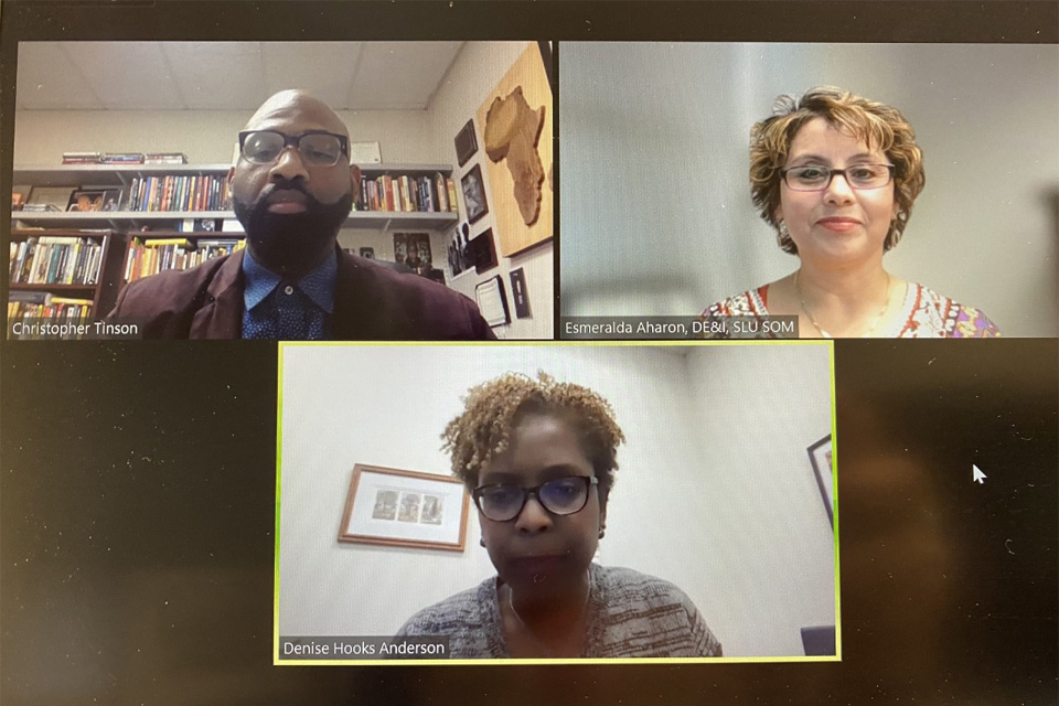 Screenshot of Zoom webinar. Pictured are Esmeralda Aharon, M.A., Denise Hooks-Anderson, M.D., FAAFP, and Christopher Tinson, Ph.D. 