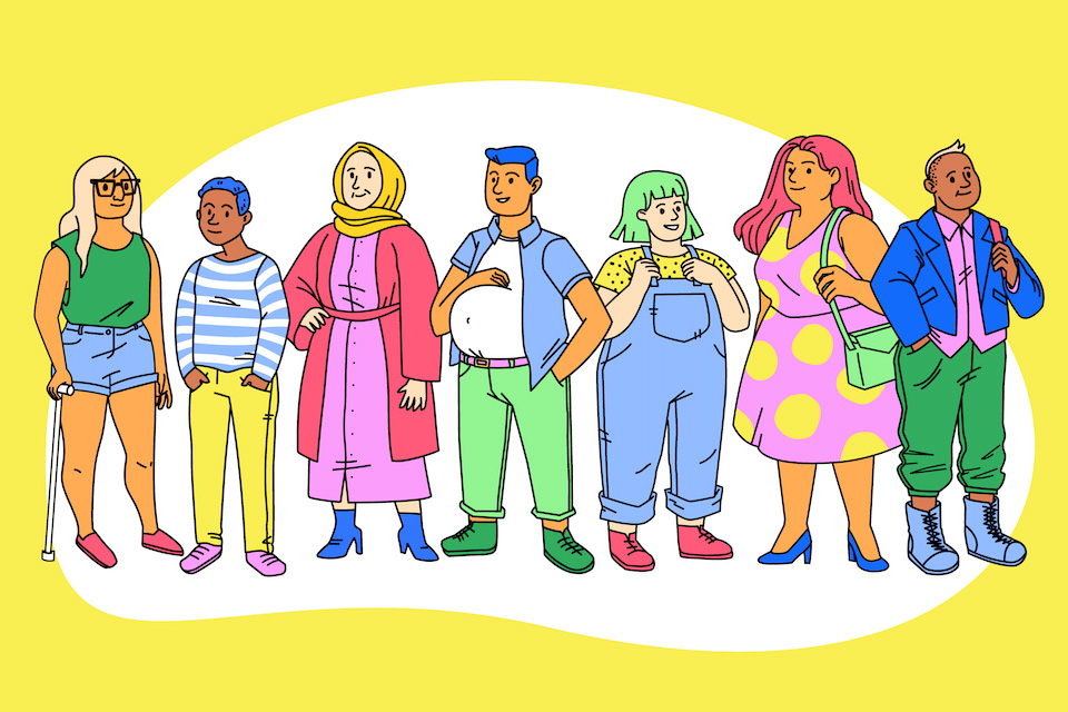 graphic depciting group of queer and trans persons standing together in a line