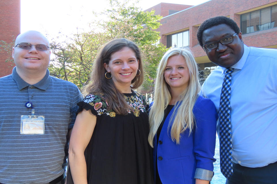 Pictured, from left, are Matthew Simpson, MPH, Jennifer Brinkmeier, M.D., Haley Bray, M.D., and Nosayaba Osazuwa-Peters, BDS, Ph.D., MPH, of SLU’s Department of Otolaryngology.  Photo by Maggie Rotermund
