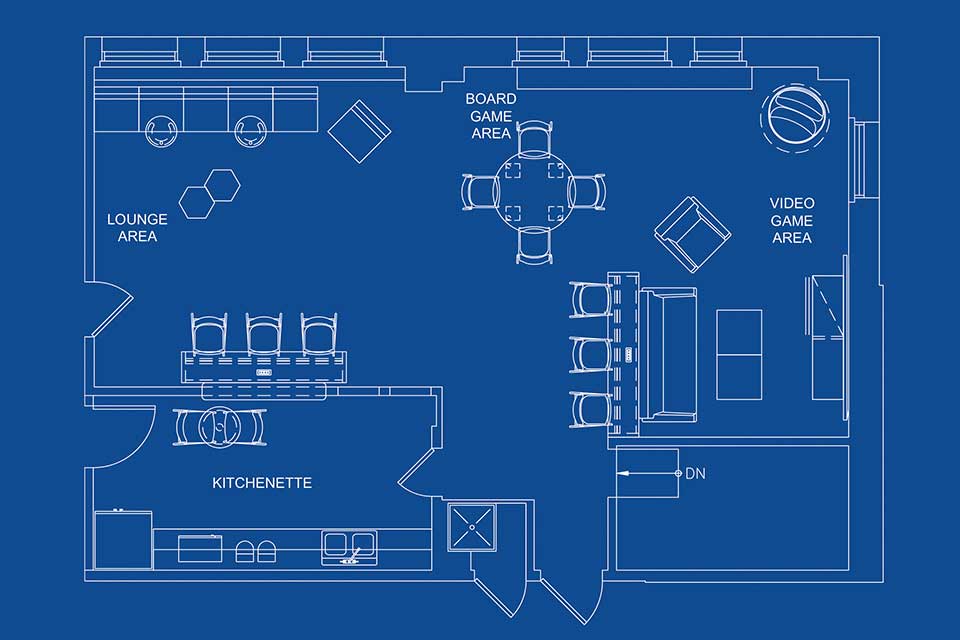 A blueprint that sketches out the various locations of the new wellness space for med students