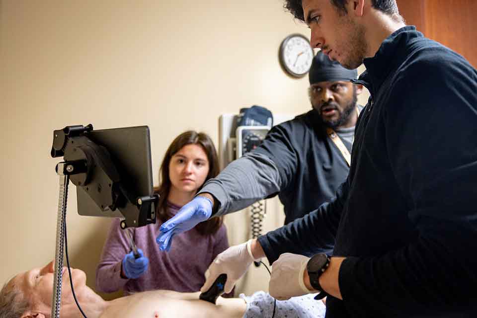 Two students working with a medical worker Two students working with a medical worker