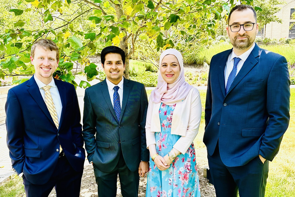 group photo of the 2023 GI Fellowship Graduates pictured from left to right: Benjamin Schmidt, M.D.  Anuj Chhaparia, M.D.  Leen Al-Sayyed, M.D.  Gebran Khneizer, M.D.
