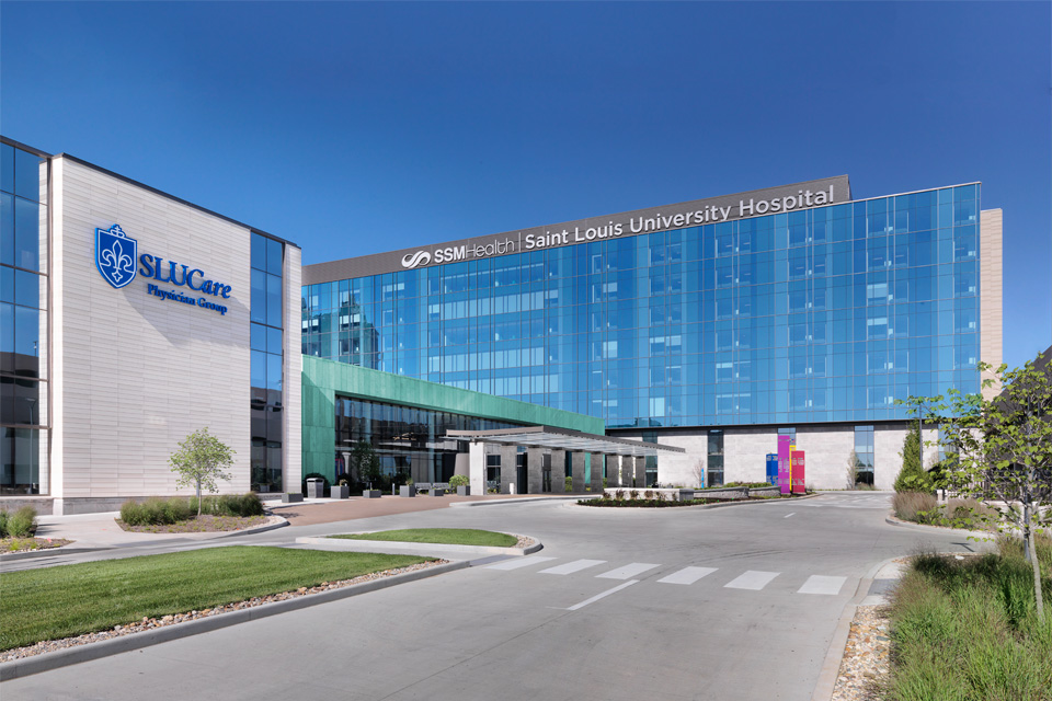 An exterior image of the SSM Health Saint Louis University Hospital and the Center for Specalized Medicine