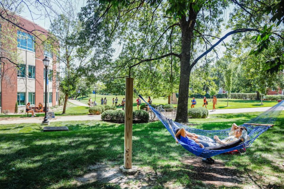 An outside shot of two students lounging in a hammock while a group of people walk by in the background.