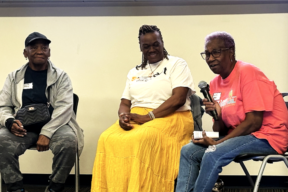 A group of older adults sit on a stage in an auditorium and address a crowd.