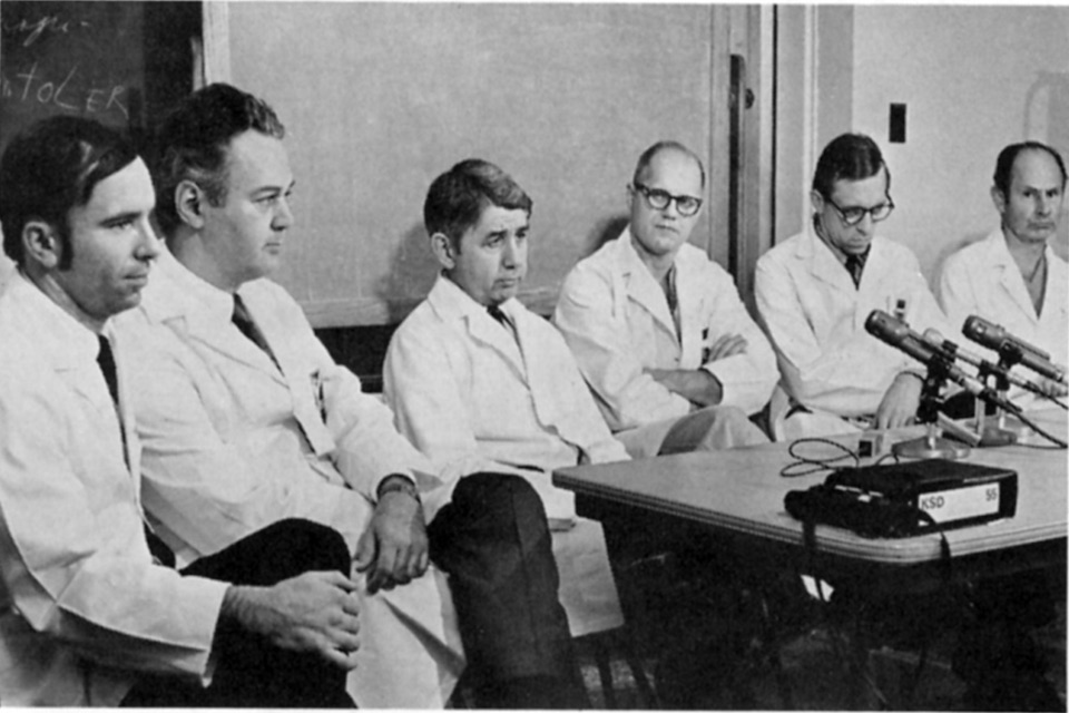 From left: Russell Kraeger, M.D.; John Schweiss, M.D.; Vallee L. Willman, M.D.; George Kaiser, M.D.; Hendrick Barner, M.D.; and J. Gerard Mudd, M.D.; spoke to the press following Saint Louis University's first successful heart transplant in 1972. 