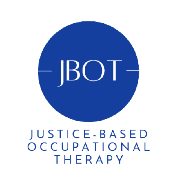 Text-based logo reading JBOT Justice-Based Occupational Therapy in blue font