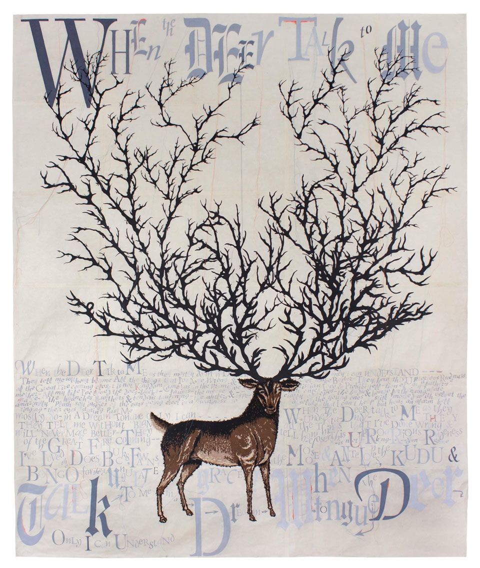 In this 2022 collage-drawing by Lesley Dill, a stag stands alert in a landscape of words by contemporary poet Tom Sleigh, seemingly oblivious to the weight of beauty growing as a forest from its head.