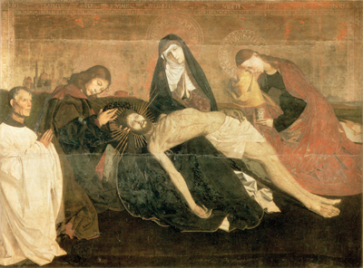 In front of a golden background, Mary holds the dead body of Jesus on her lap as Mary Magdalene and John attend them while the donor of the painting kneels at left.