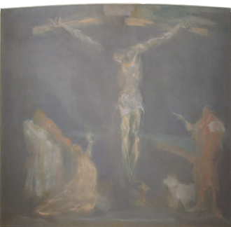 An image of Christ on the cross with figures gathered to either side. The colors are muted and the figure seem barely suggested, almost insubstantial