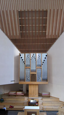Interior view of St. Peter’s Lutheran church in midtown Manhattan, featuring the pipe organ