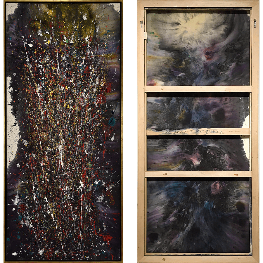 At left, a tall vertical abstract painting featuring energetic splashes of reds, yellows, whites, greens, and blues erupting over a bruised purple-black background. At right, the reverse side of the same painting with the wooden stretcher visible and the title, "Descent into Hell" handwritten on a horizontal board.