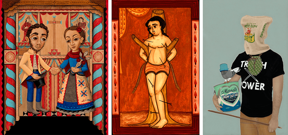 An artwork by Brandon Maldonado depicting a groom and bride in traditional New Mexican wedding attire, a painting by Vicente Telles of Saint Sebastian wounded by arrows, and a self-portrait by Vicente Telles with a bean sack over his head and holding a large can of lard  