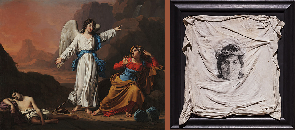 At left, a painting set in a desert landscape of an angel gesturing to a startled Hagar while young Ishmael languishes nearby. At right, a photographic portait of an older Maya individual wearing a crown of thorns, printed on sackcloth and mounted on a framed panel.