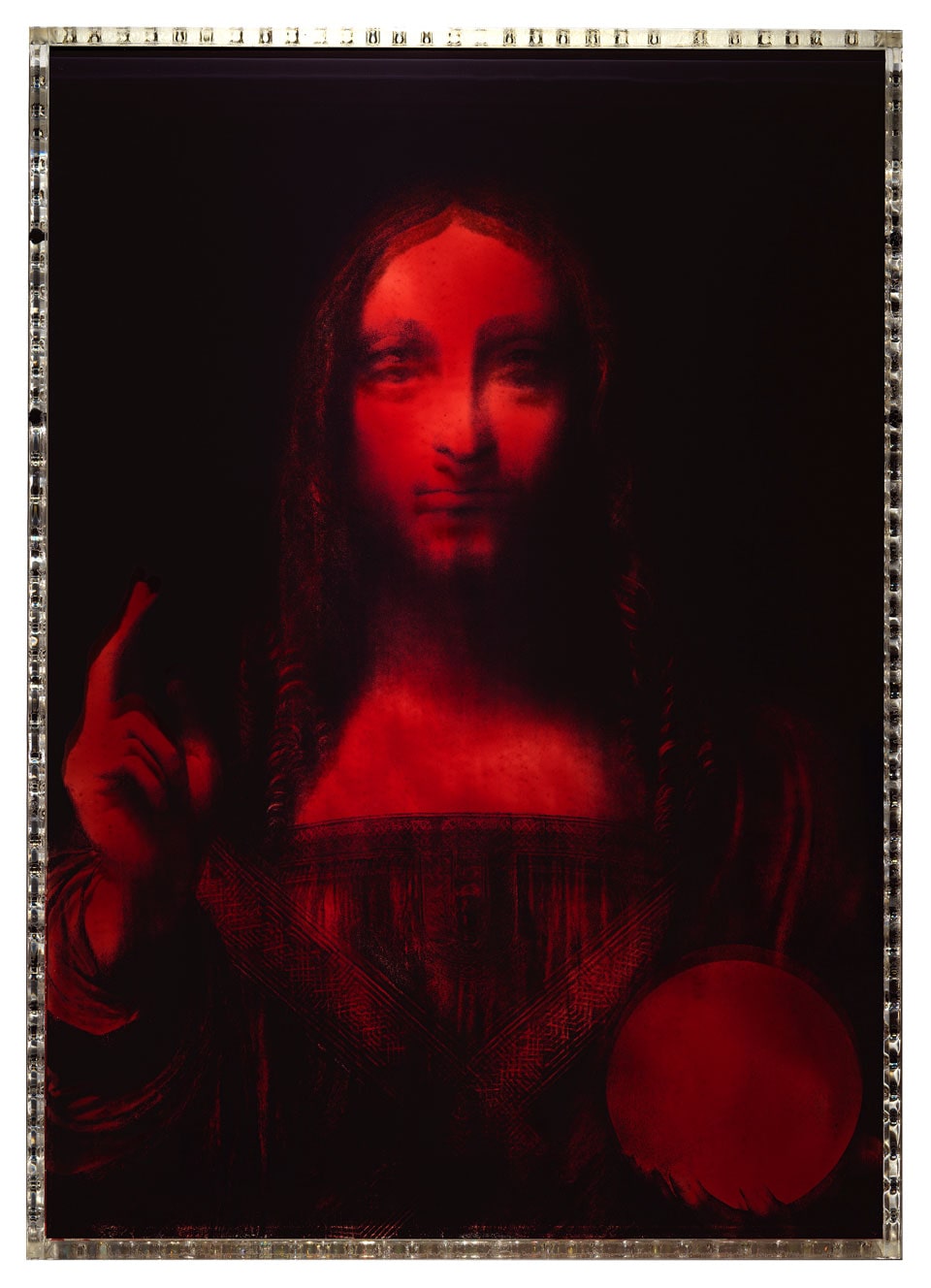 An artwork by Jordan Eagles titled Vinci, dated 2018, featuring a grayscale image of the painting Salvator Mundi printed on plexiglass and painted with the blood of an HIV+ undetectable long-term survivor and activist