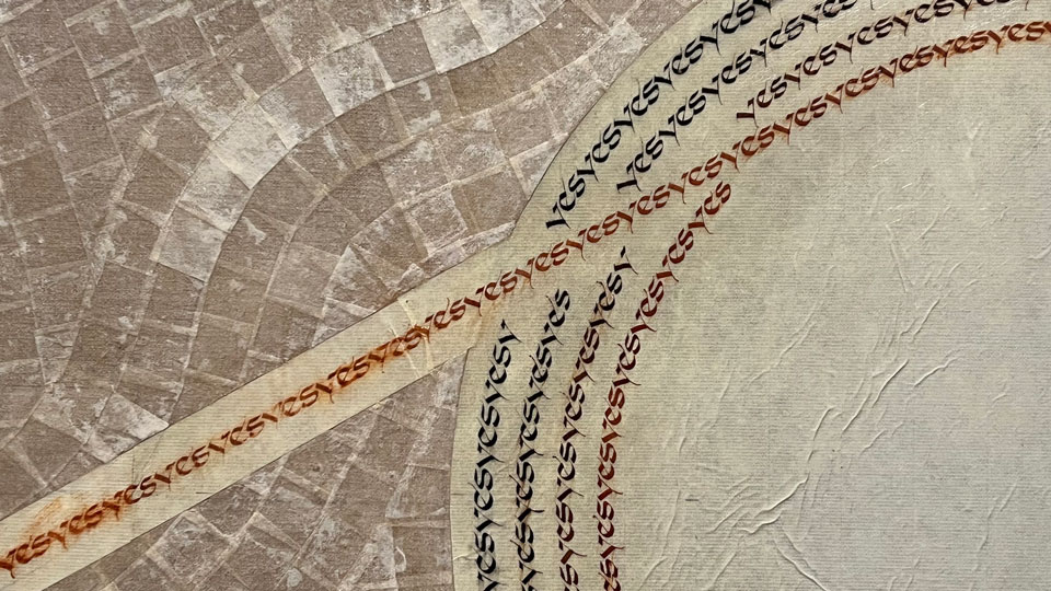 A close detail of an artwork with the word "yes" written repeatedly in a long arc intersecting with concentric rings, over a neutral paper background resembling mosaic tiles.