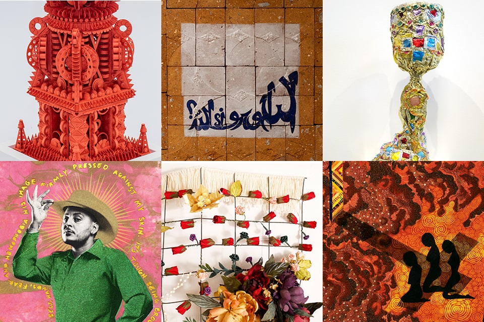 A grid with details of six artworks. Top row, from left, includes a highly detailed tower sculpture in red paper, white ceramic with blue Arabic lettering on red bricks, and a chalice made from gold tin foil and plastic gems. Bottom row from left, includes a man in a green shirt with his hand tipping a cowboy hat standing against a patterend pink background, a setion of wire fence woven with artificial flowers and rosaries, and a quilt with three silhouetted figures kneeling in the shadow of a cross.