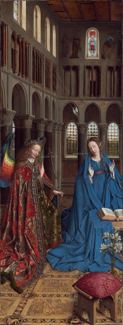 Then angel Gabriel, with brilliant rainbow-hued wings, enters Mary's chamber from the left. Mary looks up from the book she has been studying and raises her hands in amazement while the Holy Spirit in the guise of a dove flies along a golden ray from upper left.