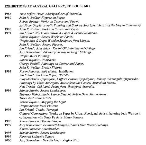 Austral Gallery exhibition list