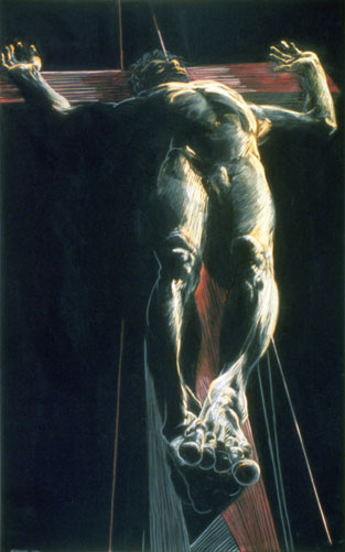 An artwork by Eleanor Dickinson titled Crucifixion of Dountes. This is a drawing in colored pastel on black velvet of a nude male lying back against a wooden cross in a manner remisicent of traditional representations of Jesus on the Cross.