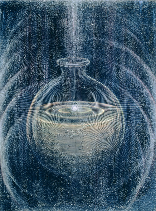 An artwork by Donald Grant titled Vessel. A globe-like jar with a narrow neck and flared mouth hovers in the center of a blue background. A beam of energy is directed into the liquid in the jar, creating circular ripples. The painting has a sheet of tempered glass that has been shattered affixed to it. The glass has been struck right at the point where the beam of energy intersects the liquid in the jar, so that the glass seems to have been shattered by the energy released. Curved arcs are scuffed on the glass, further enhancing the sense of a release of energy.