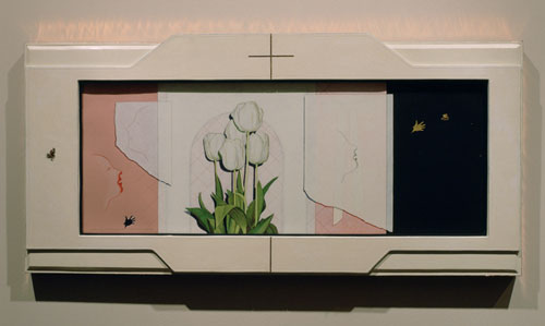 An artwork by Anne Minich titled Annie's Tulips. From left, two faces in silhouette that seem to be inhaling or exhaling, with a small child's hand drawn below. In the center, a groupling of white tulips. At right, a similar profile exhaling and a small child's hand releasing a moth that seems to fly toward the edge of the image.