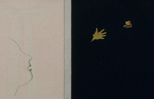A detail of the artwork Annie's Tulips, focusing on a drawing of a face in profile inhaling or exhaling, superimposed over a pink ground with a white ribbon. To the right, on a black background, a small child's hand in gold releases a small moth, which seems to fly toward the edge of the drawing.