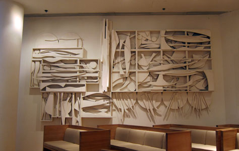 Interior view of the Chapel of the Good Shepherd, St. Peter's Lutheran church, designed by artist Louise Nevelson. Featured is the Frieze of the Apostles sculpture.