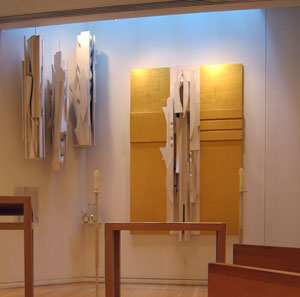Interior view of the Chapel of the Good Shepherd, St. Peter's Lutheran church, designed by artist Louise Nevelson. Featured are the altar, the Cross of the Good Shepherd, and the Trinity sculpture.