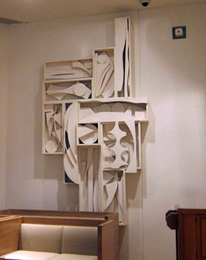 Interior view of the Chapel of the Good Shepherd, St. Peter's Lutheran church, designed by artist Louise Nevelson. Featured is the Cross of the Resurrection sculpture.