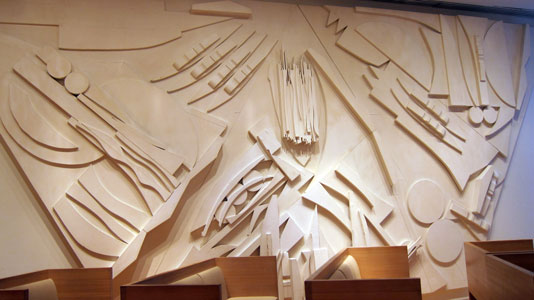 Interior view of the Chapel of the Good Shepherd, St. Peter's Lutheran church, designed by artist Louise Nevelson. Featured is the Sky Vestment - Trinity sculpture.