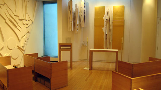 Interior view of the Chapel of the Good Shepherd, St. Peter's Lutheran church, designed by artist Louise Nevelson. The view is toward the altar.