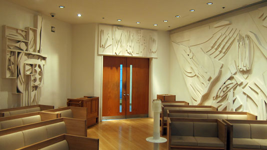 Interior view of the Chapel of the Good Shepherd, St. Peter's Lutheran church, designed by artist Louise Nevelson. The view is toward the entrance of the chapel.