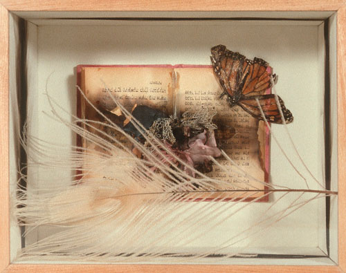 And artwork by Susan Schwalb titled A Time Remembered. Inside a small box are placed a Jewish prayer book with singe marks, a corsage, a mounted butterfly, and a peacock feather. 
