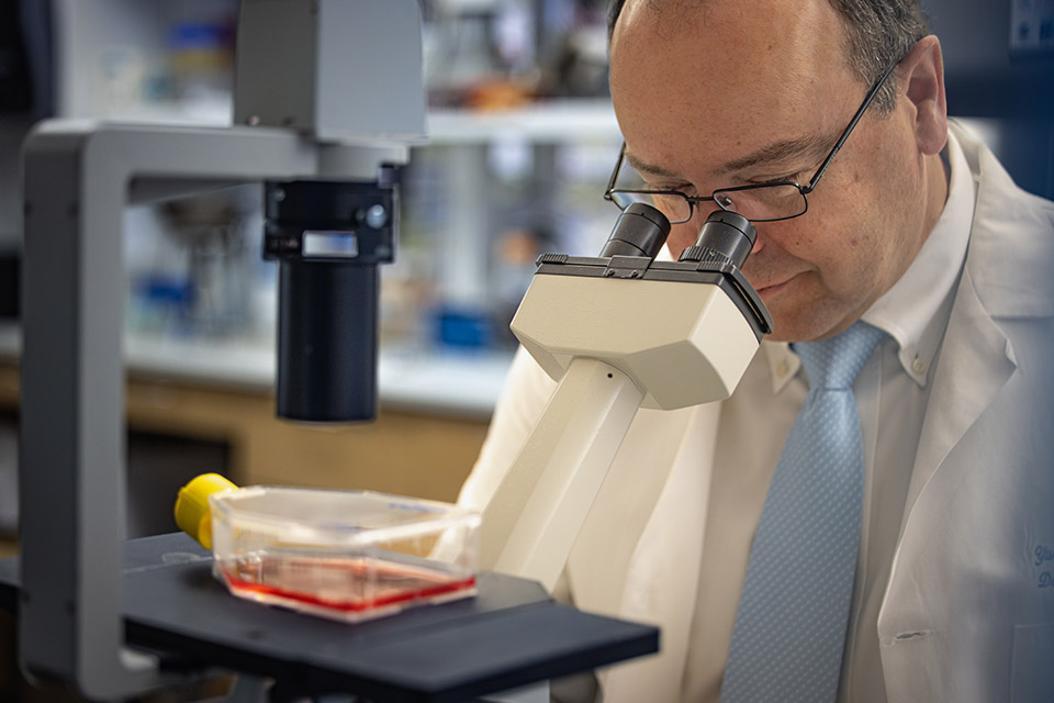 A researcher wearing a lab coat looks through the double eyepiece of a microscope.