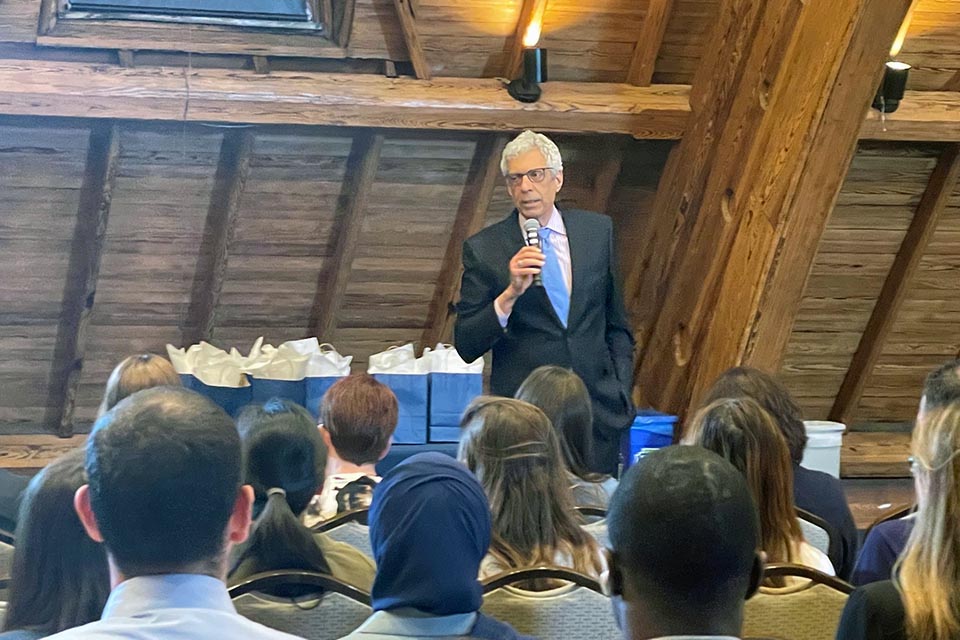 SLU President Fred P. Pestello speaks at research awards ceremony.