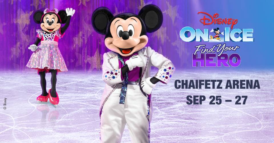 Image of Mickey Mouse and Minnie Mouse skating on ice wearing formal wear for Fire On Ice named tour. The text includes date of September 25-27 and Chaifetz Arena