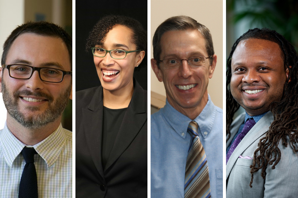 From left to right, Jesse J. Helton, Ph.D., Kira Banks, Ph.D., Mark Pousson, Ph.D., and Keon L. Gilbert, D.PH SLU file photos.