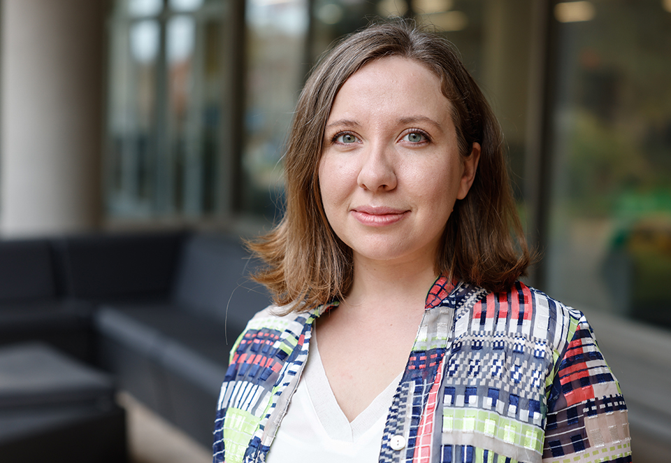 Abby Stylianou, Ph.D., is photographed outdoors during the day at Saint Louis University.