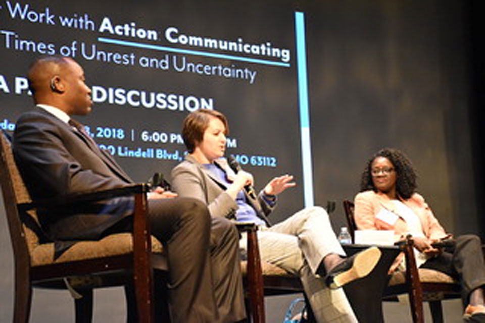 Mary Gould, Ph.D., speaks at a panel at the Missouri History Museum