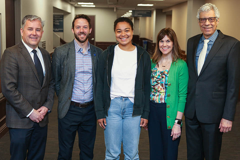 From left, Provost Mike Lewis, Ph.D.; Director of the University Honors Program Robert Pampel, Ph.D. 2022 Truman Scholar Rebecca Townley; Program Manager in the University Honors Program Brooke Taylor, Ph.D.; and President Fred P. Pestello, Ph.D. Townley was named a 2022 Truman Scholar, one of only four in SLU history. Photo by Sarah Conroy. 