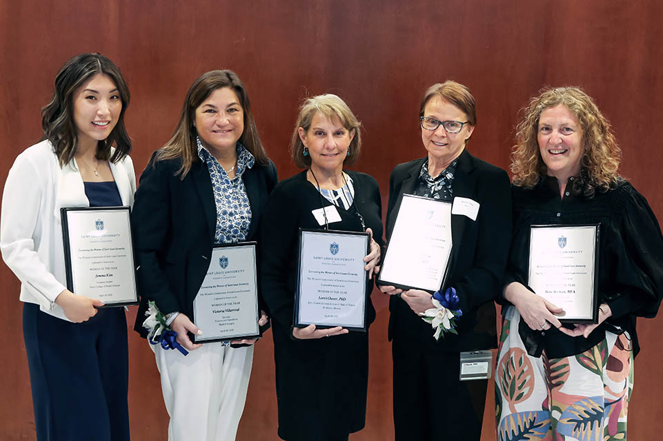 From left, Jemma Kim, Victoria Villarreal, Lorri Glover, Sharon Frey, and Ilene Berman received the Women of the Year Award on April 20, 2022. Photo by Sarah Conroy.