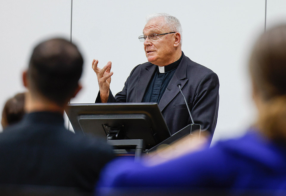 Fr. Michael Garanzini, S.J., President of the Association of Jesuit Colleges and Universities, gives an address on “What Makes a Jesuit Core Jesuit” at the Center for Global Citizenship on September 22, 2022.