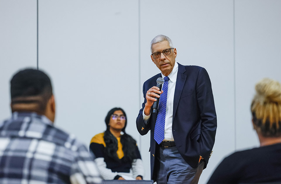 President Fred P. Pestello, Ph.D., speaks before a reading of Dr. Martin Luther King Jr's speeches by the Martin Luther King Scholars in the Center for Global Citizenship on the anniversary of King's 1964 visit to SLU on Oct. 12, 2022. Photo by Sarah Conroy.